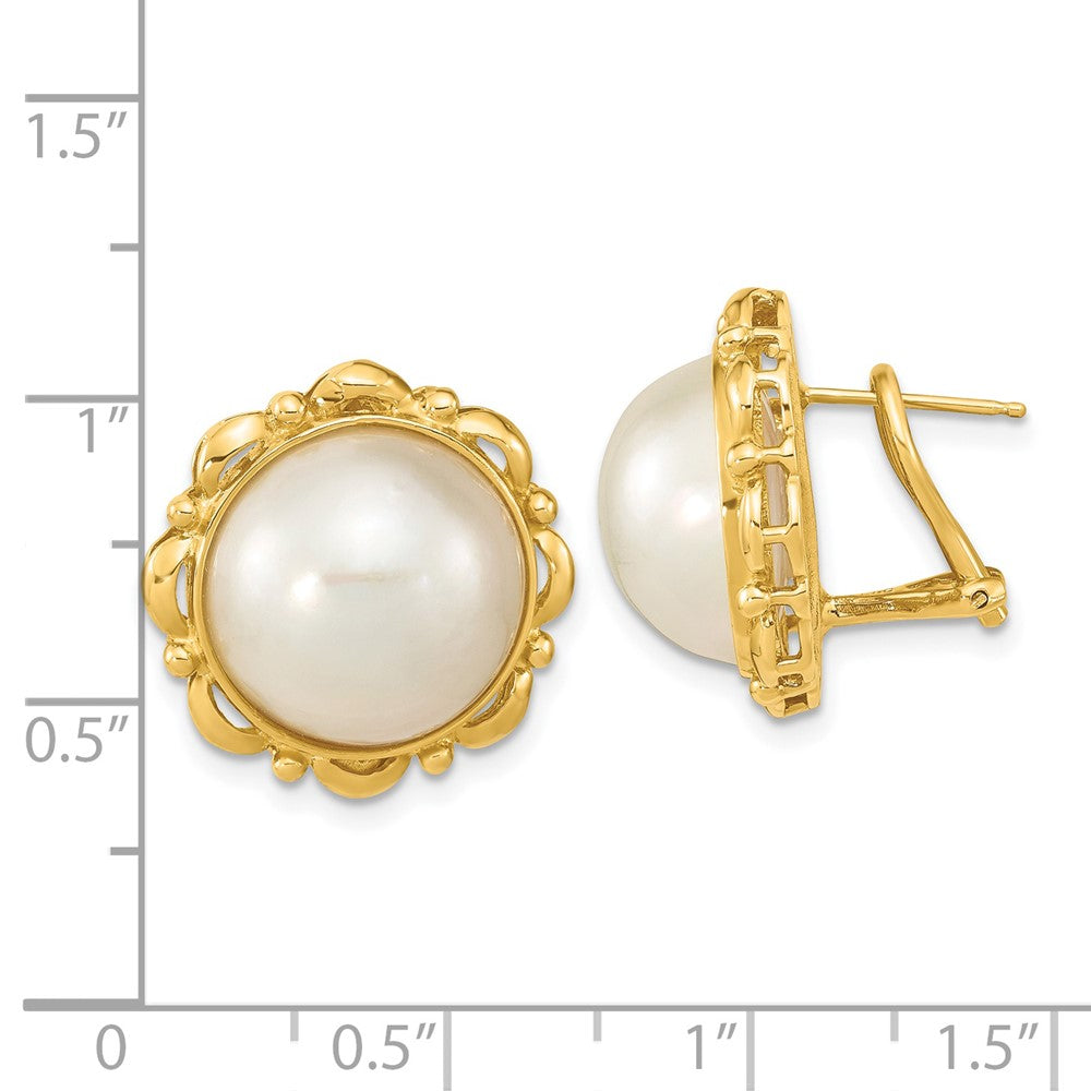 14K Yellow Gold 13 14mm White Mabe Saltwater Cultured Pearl Omega Back Earrings