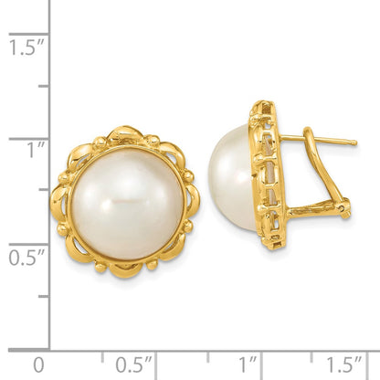 14K Yellow Gold 13 14mm White Mabe Saltwater Cultured Pearl Omega Back Earrings