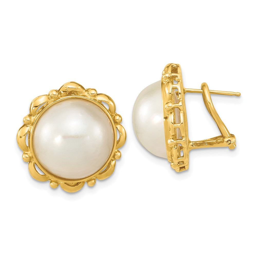 14K Yellow Gold 13 14mm White Mabe Saltwater Cultured Pearl Omega Back Earrings