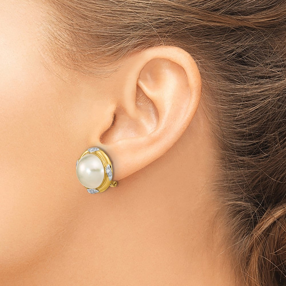 14K Yellow Gold 13 14mm White Mabe Saltwater Cultured Pearl And .16 Carat Diamond Omega Back Earrings