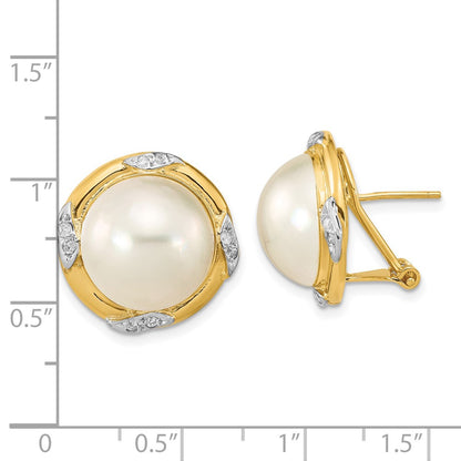 14K Yellow Gold 13 14mm White Mabe Saltwater Cultured Pearl And .16 Carat Diamond Omega Back Earrings