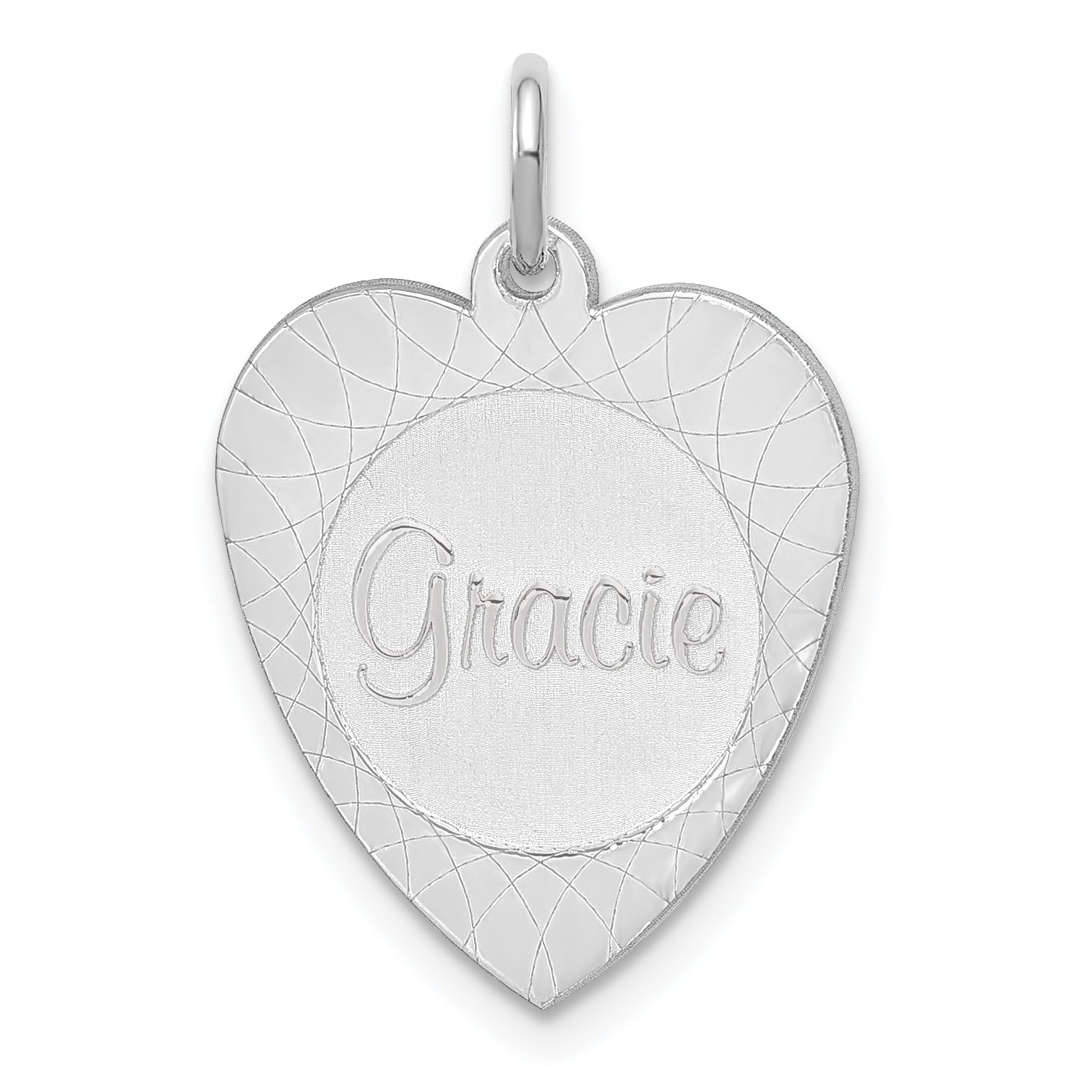 Sterling Silver Silver/Rhodium Plated Heart Disc Name Charm