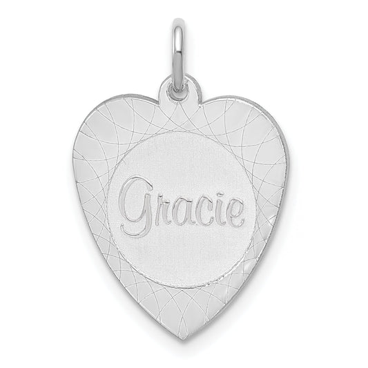 Sterling Silver Silver/Rhodium Plated Heart Disc Name Charm