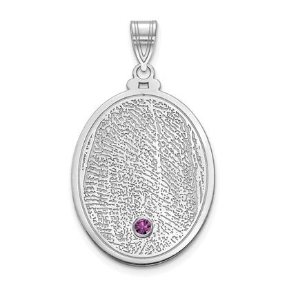 14K White Gold 14Kw Oval Fingerprint W/ Rhod Plated Bezel Birthstone Pendant