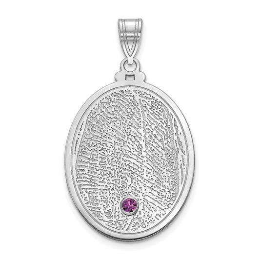 14K White Gold 14Kw Oval Fingerprint W/ Rhod Plated Bezel Birthstone Pendant