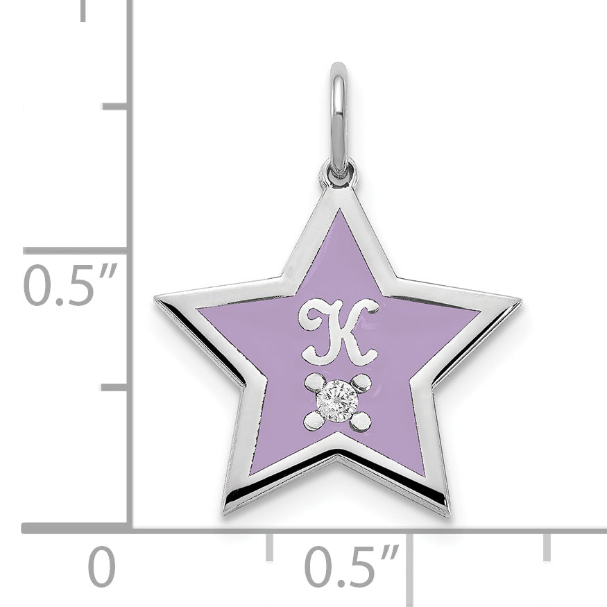 Sterling Silver Silver/Rhodium Plated Initial Enameled Star With Diamond Charm