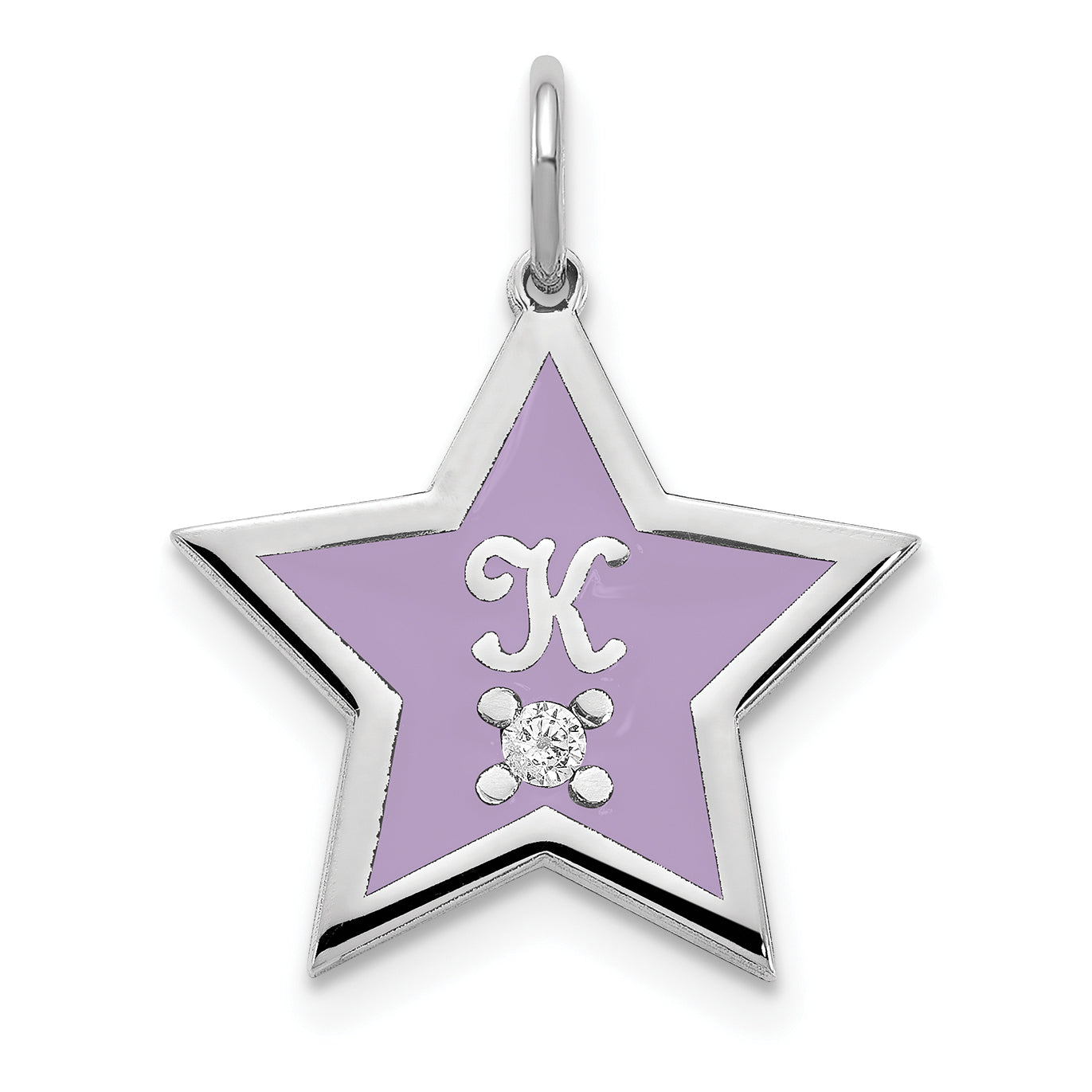 Sterling Silver Silver/Rhodium Plated Initial Enameled Star With Diamond Charm