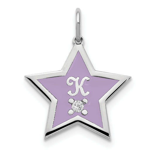 Sterling Silver Silver/Rhodium Plated Initial Enameled Star With Diamond Charm