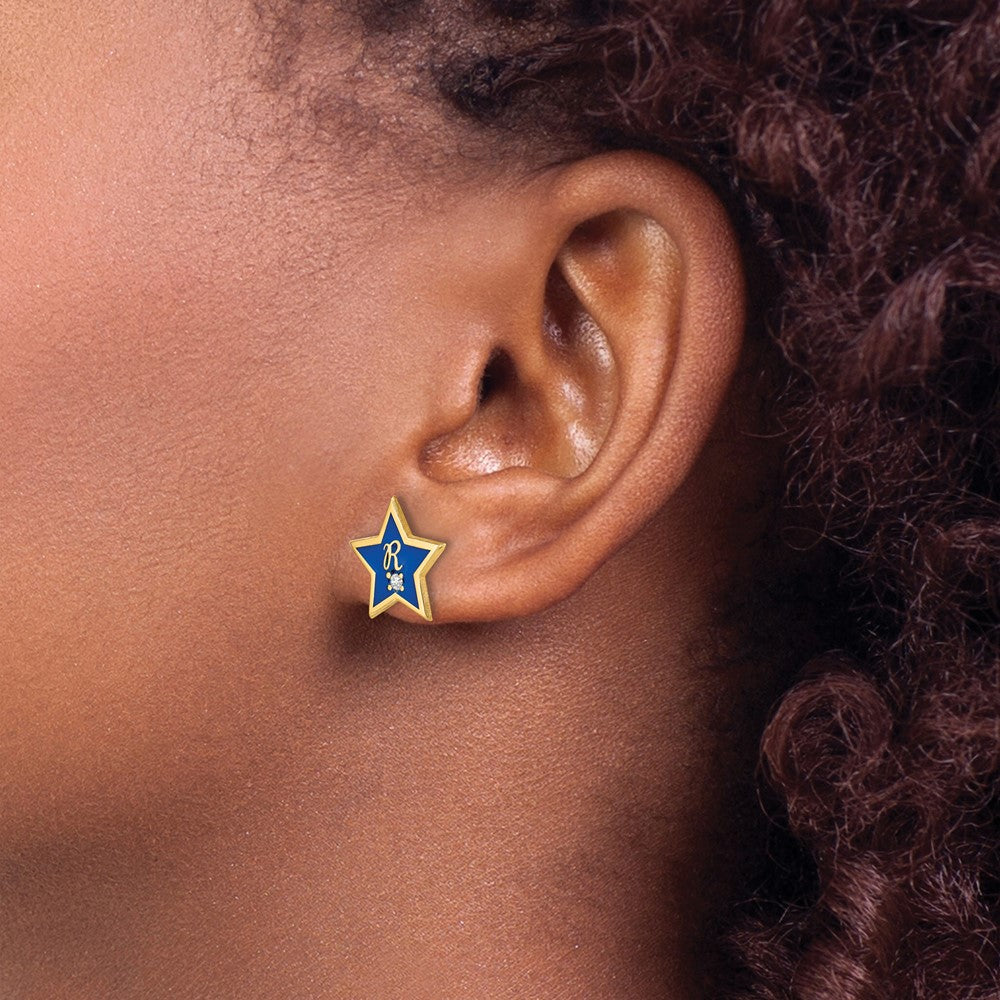 Gold Plated Sterling Silver/Gold Initial Enameled Star With Diamond Post Earring