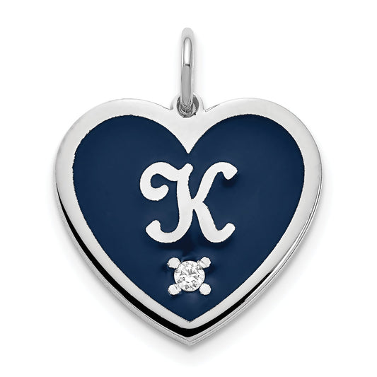 Sterling Silver Rhodium Plated Epoxy Heart With Initial And Diamond Charm