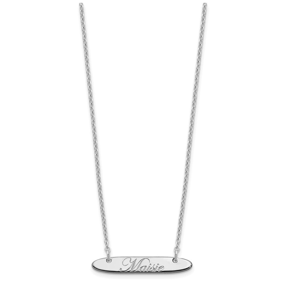 Sterling Silver Rhodium Plated Small Oblong Edwardian Script Bar Necklace