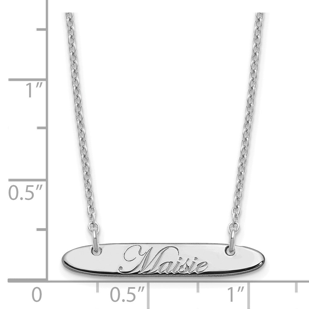 Sterling Silver Rhodium Plated Small Oblong Edwardian Script Bar Necklace