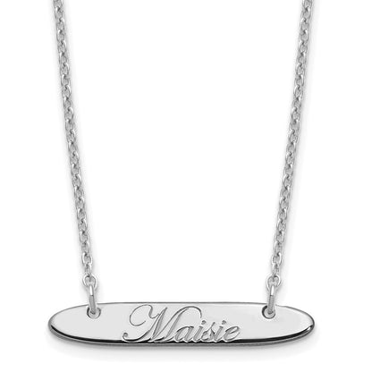 Sterling Silver Rhodium Plated Small Oblong Edwardian Script Bar Necklace