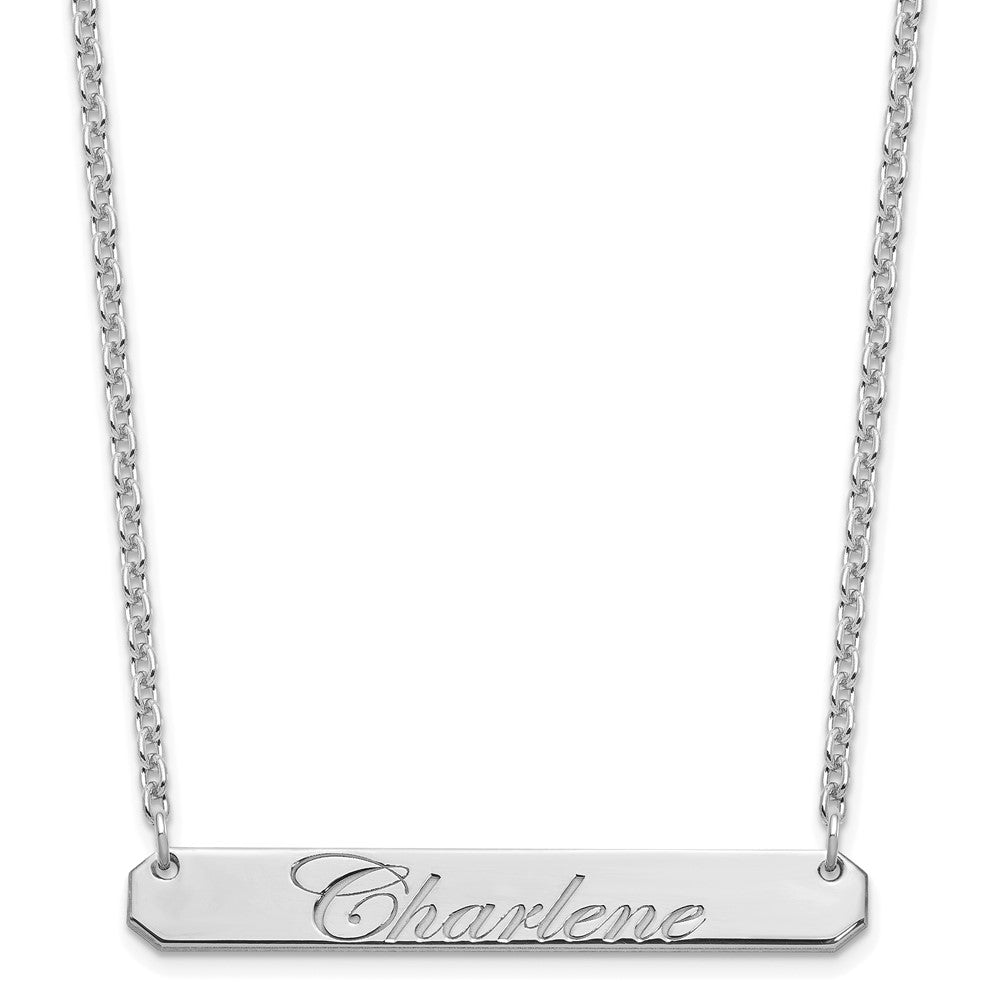 Sterling Silver Rhodium Plated Medium Edwardian Script Bar Necklace