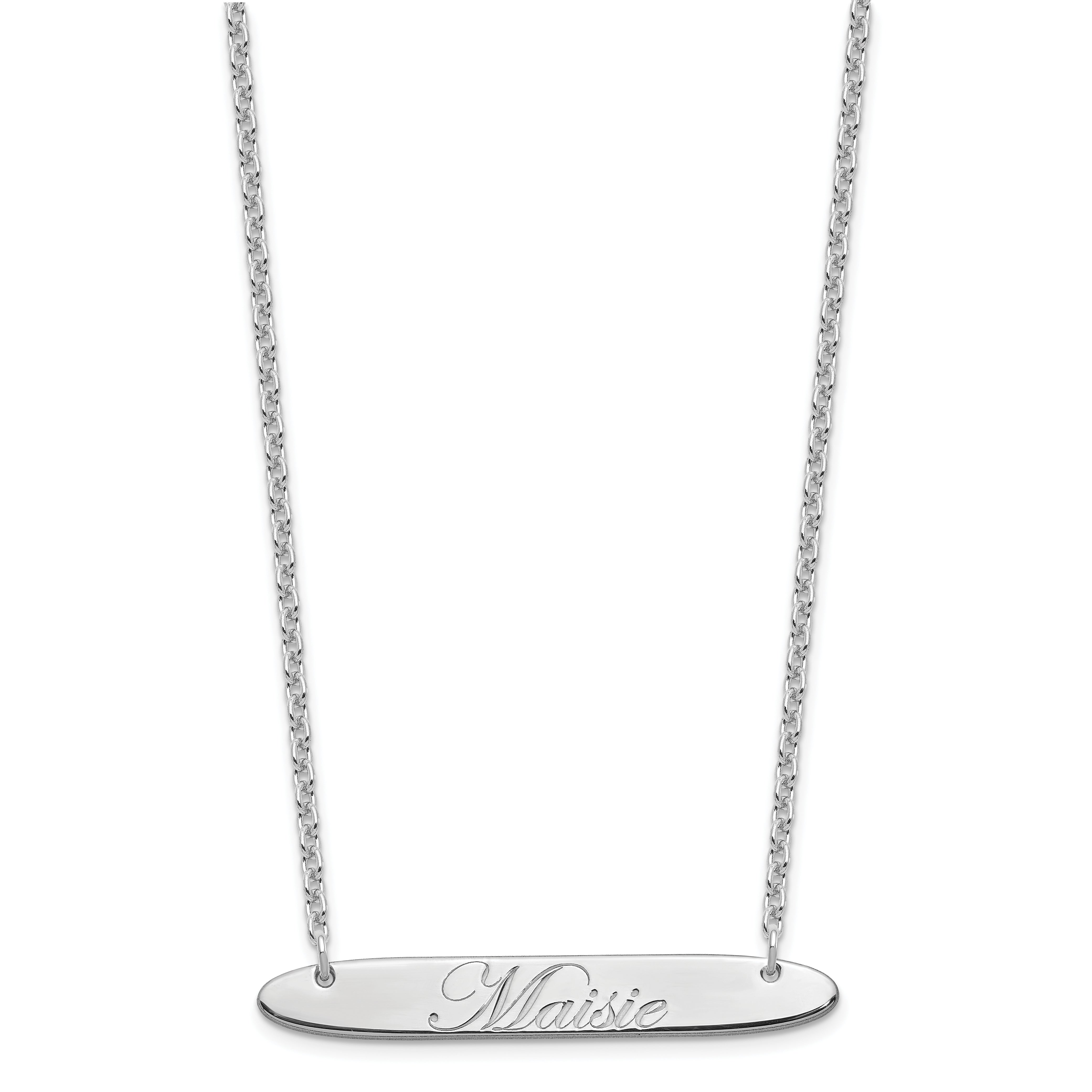 Sterling Silver Rhodium Plated Medium Oblong Edwardian Script Bar Necklace