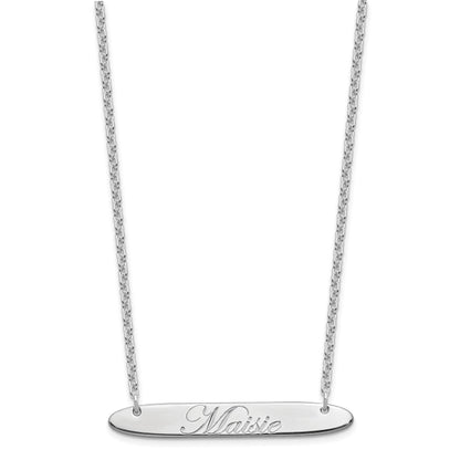 Sterling Silver Rhodium Plated Medium Oblong Edwardian Script Bar Necklace