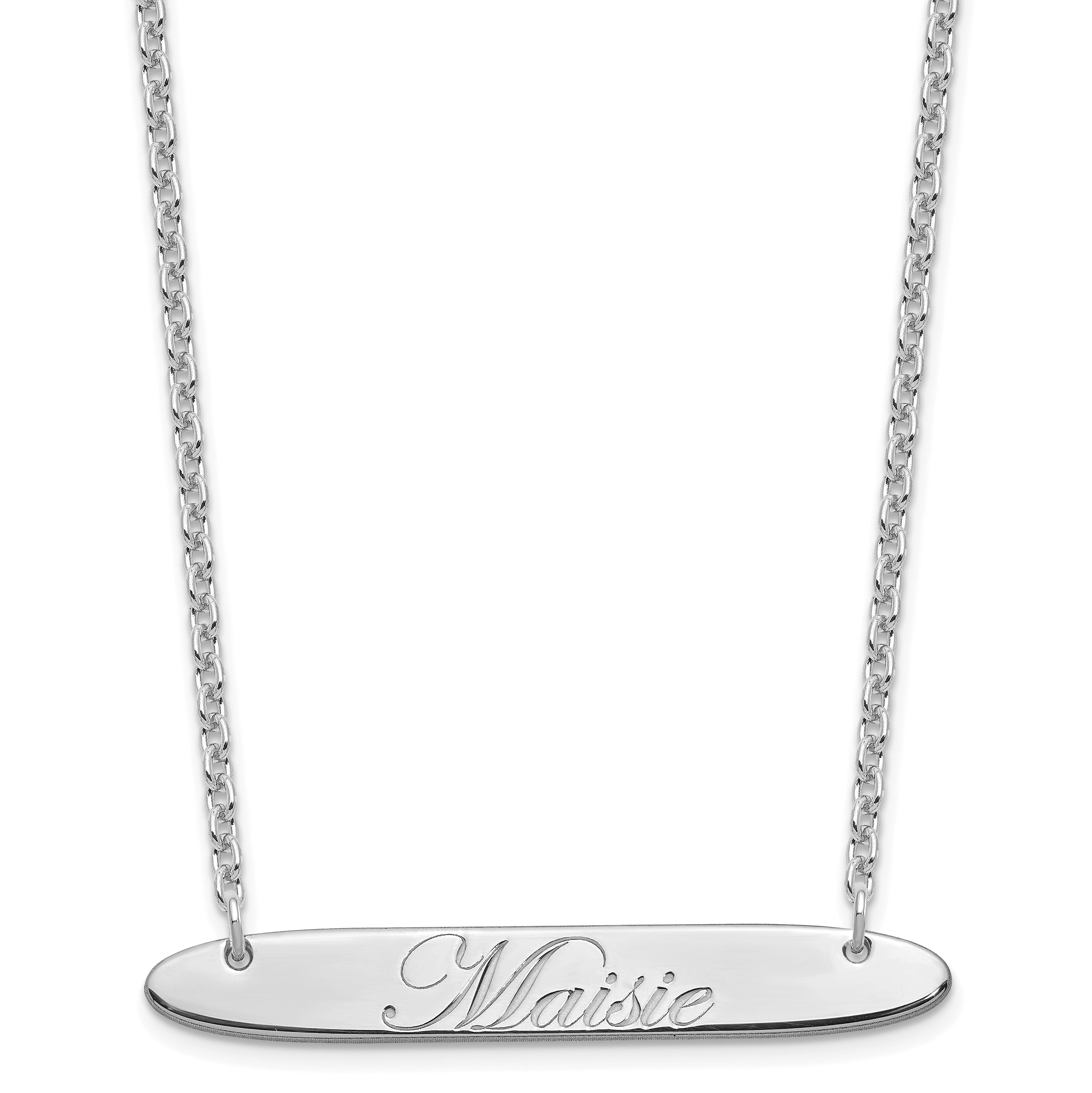 Sterling Silver Rhodium Plated Medium Oblong Edwardian Script Bar Necklace