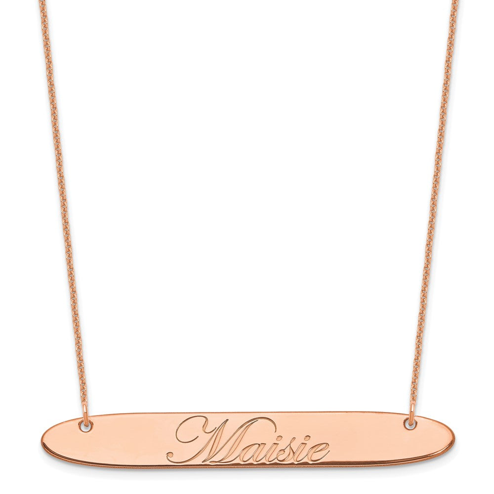 14K Rose Gold Large Oblong Edwardian Script Bar Necklace
