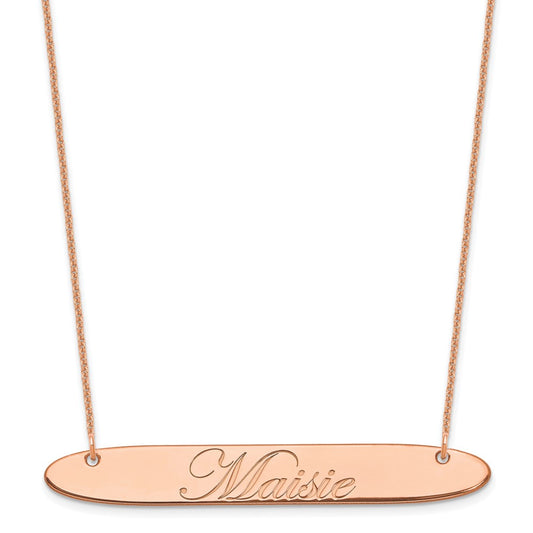 14K Rose Gold Large Oblong Edwardian Script Bar Necklace