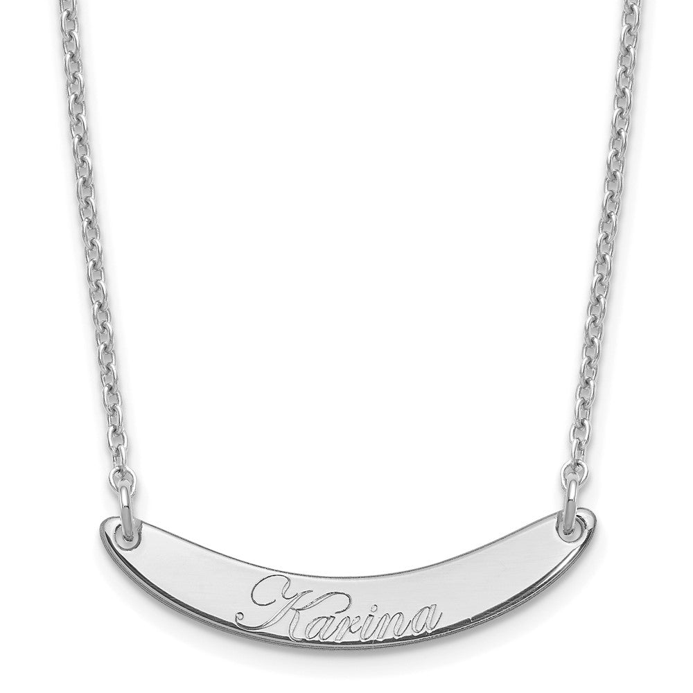Sterling Silver Rhod Plated Small Edwardian Script Curved Bar Necklace