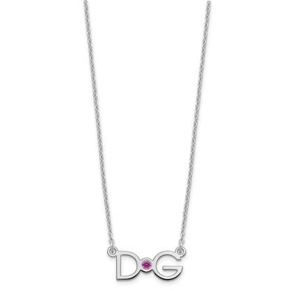 Sterling Silver Rhod Plated 2 Initials With 14K Bezel Birthstone Necklace