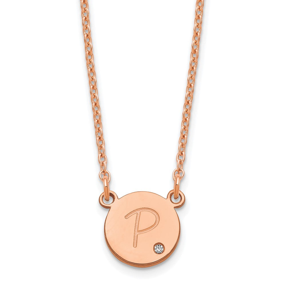 Rose Plated Sterling Silver/Rose Round Initial With Diamond Necklace