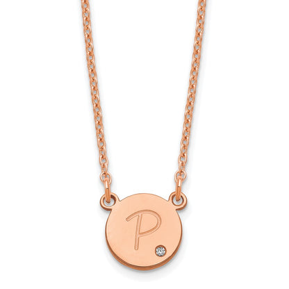 Rose Plated Sterling Silver/Rose Round Initial With Diamond Necklace