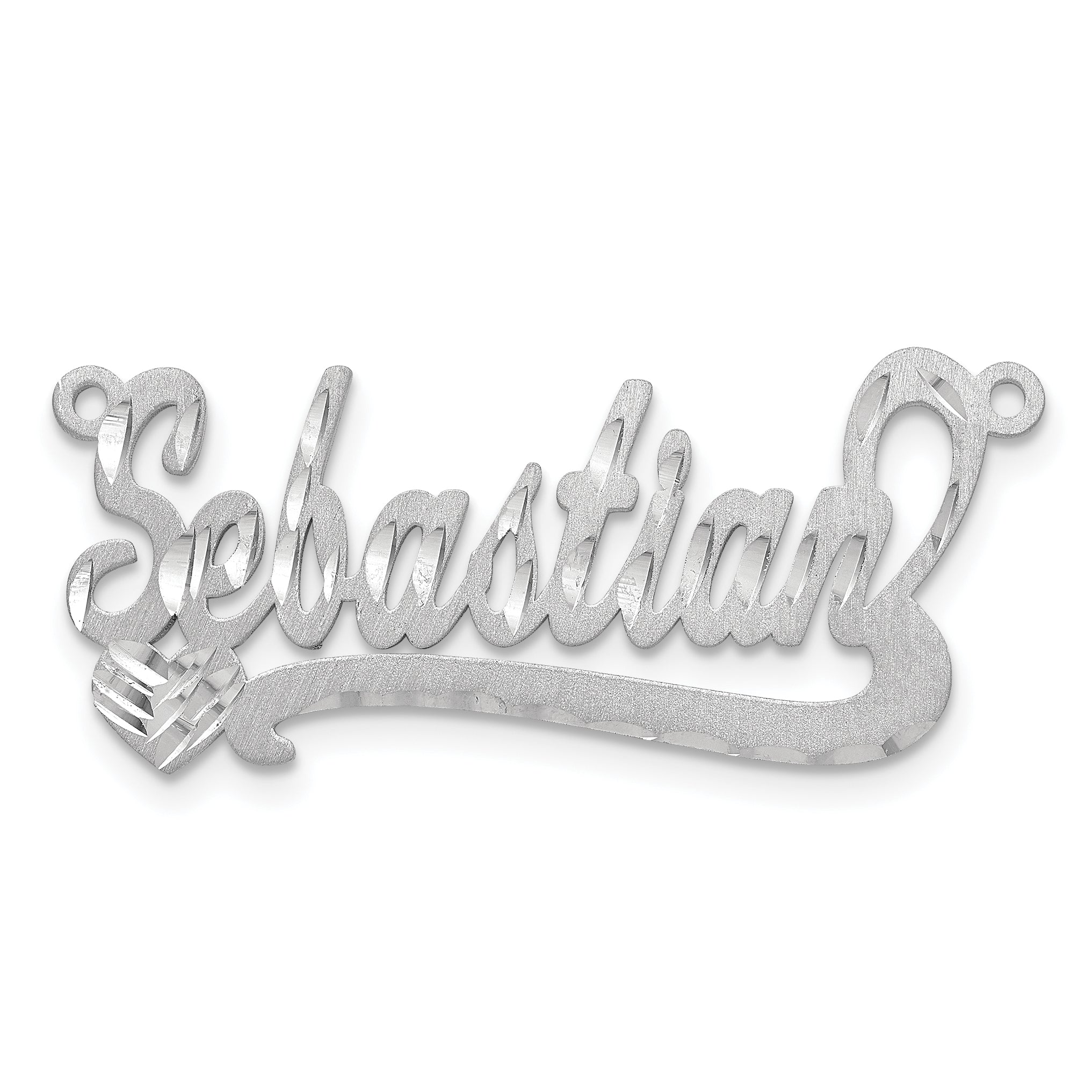 Sterling Silver Silver/Rhodium Plated Satin Diamond Cut Heart Name Plate