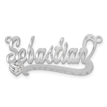 Sterling Silver Silver/Rhodium Plated Satin Diamond Cut Heart Name Plate