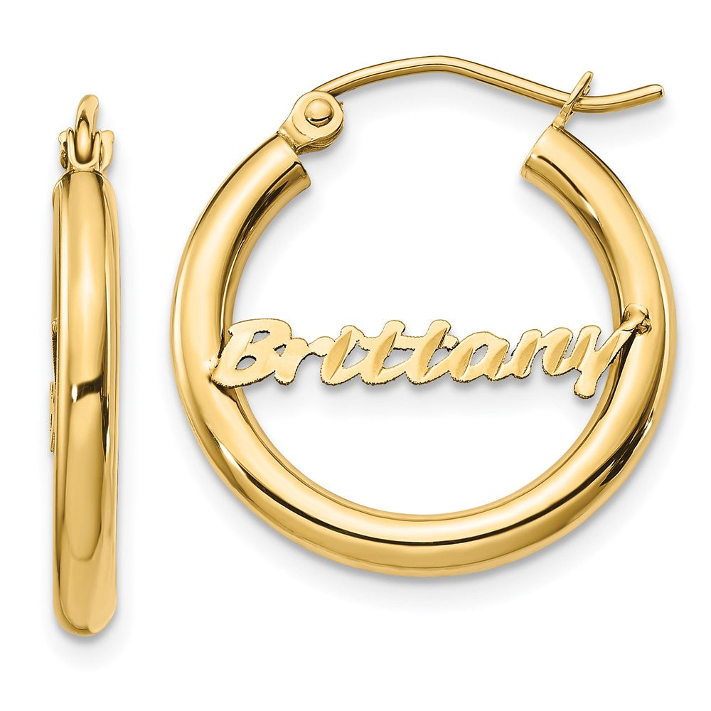 14K Yellow Gold Small Diamond Cut Name Plate Hoop Earrings