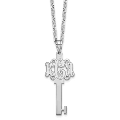Sterling Silver Silver/Rhodium Plated Etched Monogram Key Necklace
