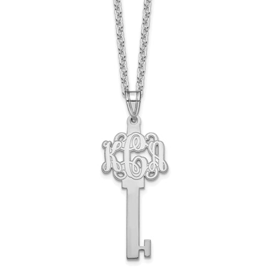 Sterling Silver Silver/Rhodium Plated Etched Monogram Key Necklace