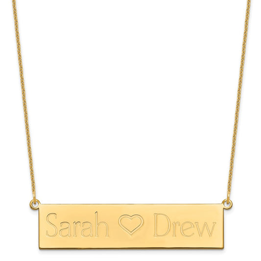 14K Yellow Gold Brushed 2 Names And Heart Bar Necklace