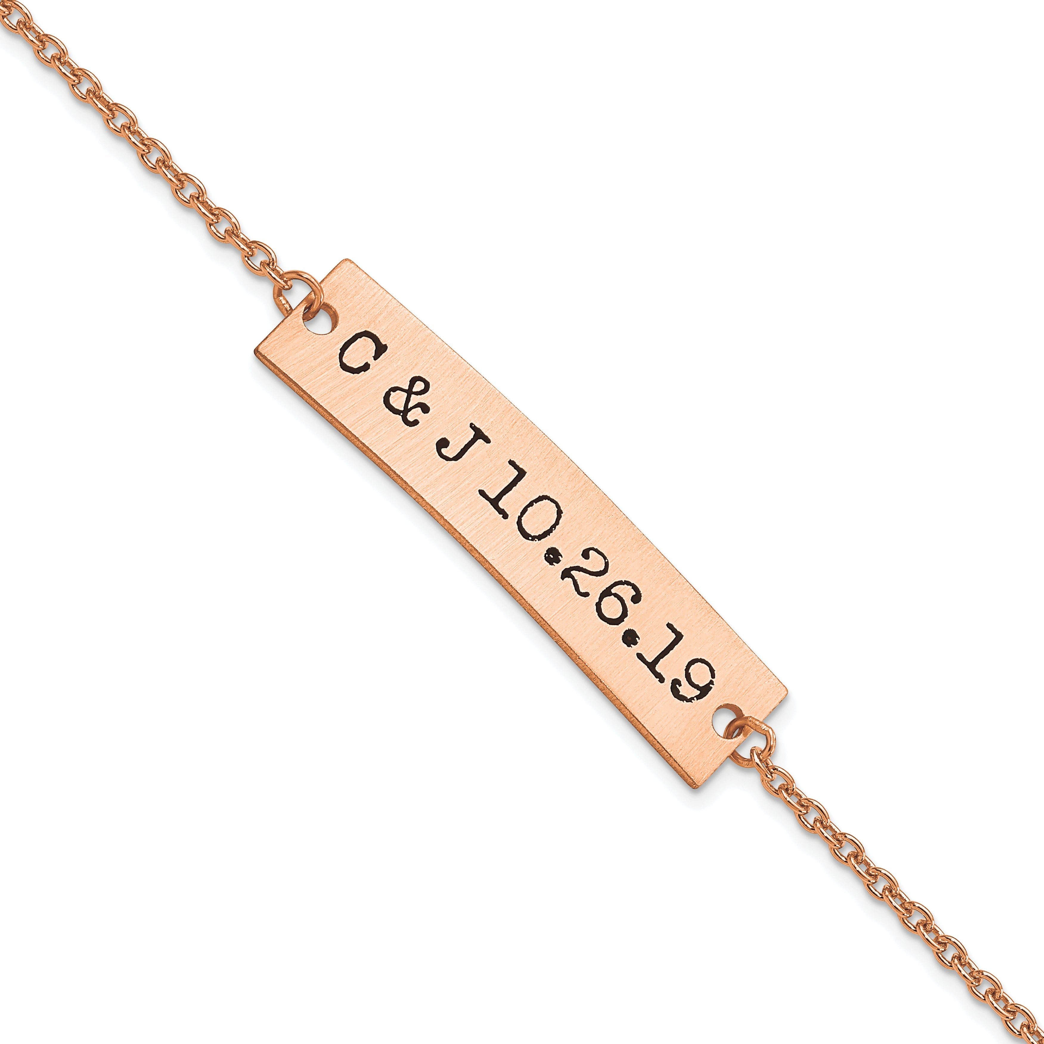 14K Rose Gold Brushed Epoxy Initials And Date Bar Bracelet
