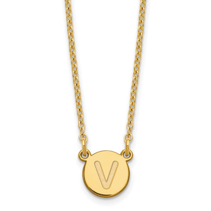 Gold Plated Sterling Silver Tiny Circle Block Letter V Initial Necklace