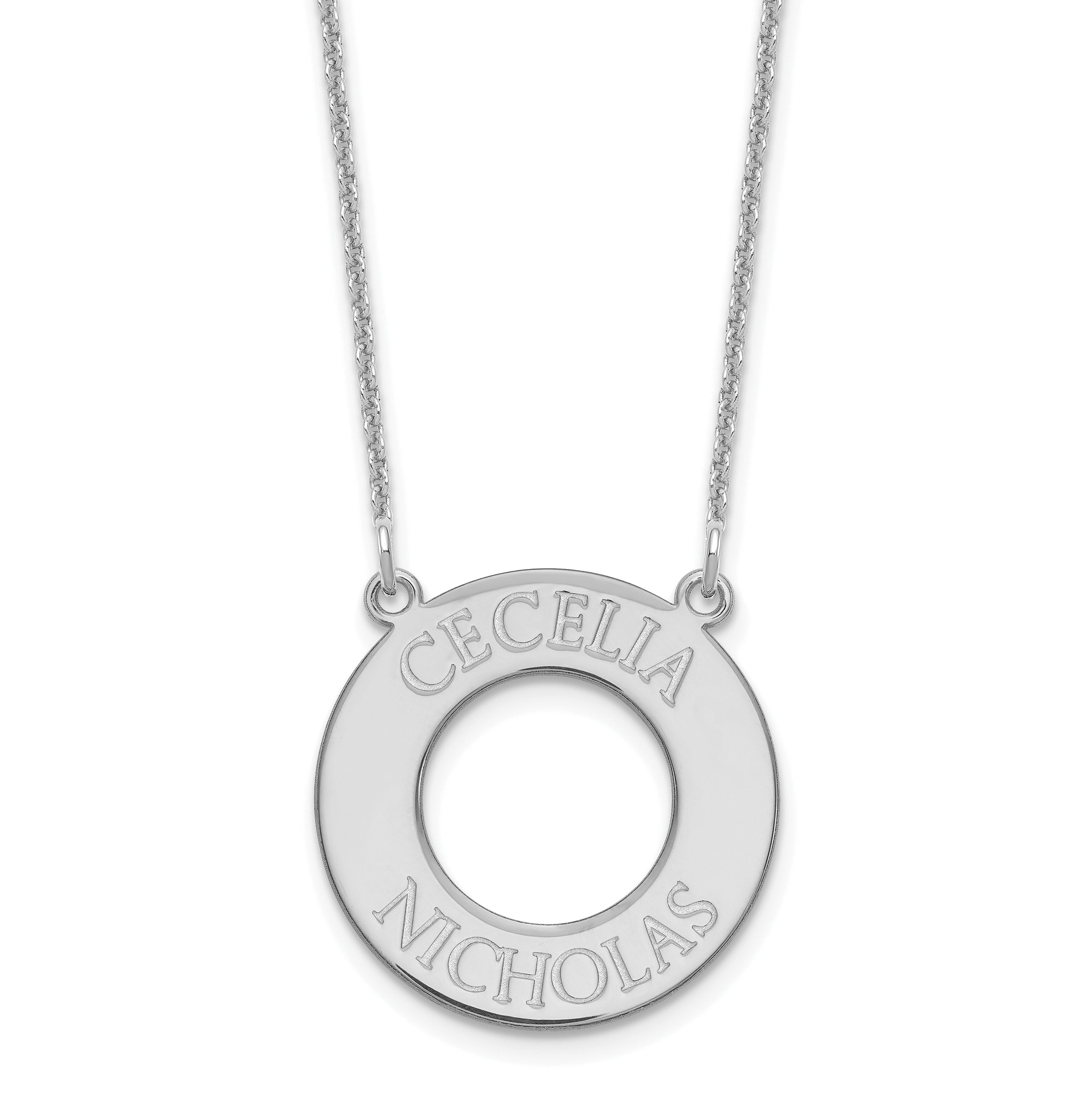 14K White Gold Circle With 2 Name Necklace