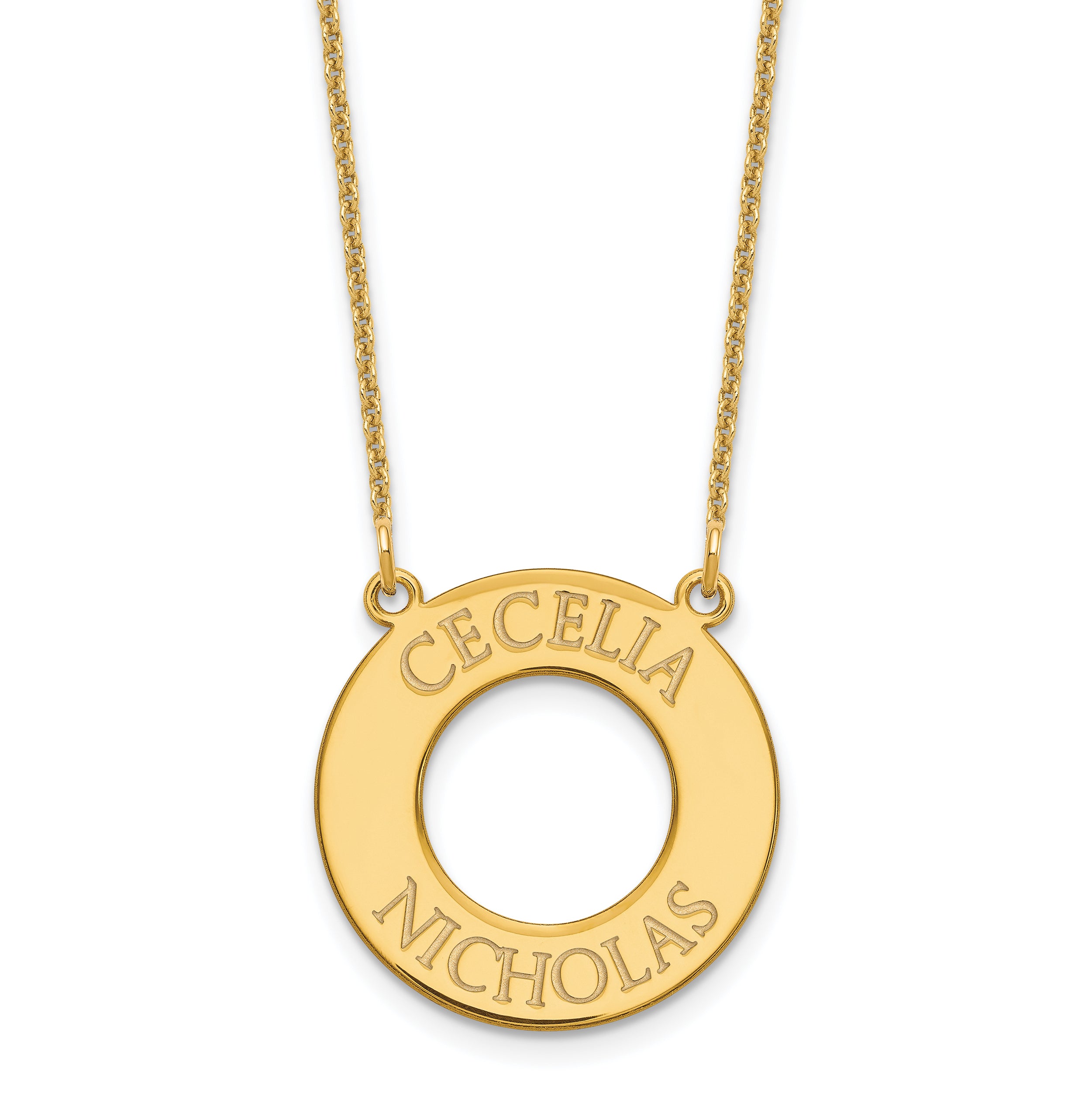 14K Yellow Gold Circle With 2 Name Necklace