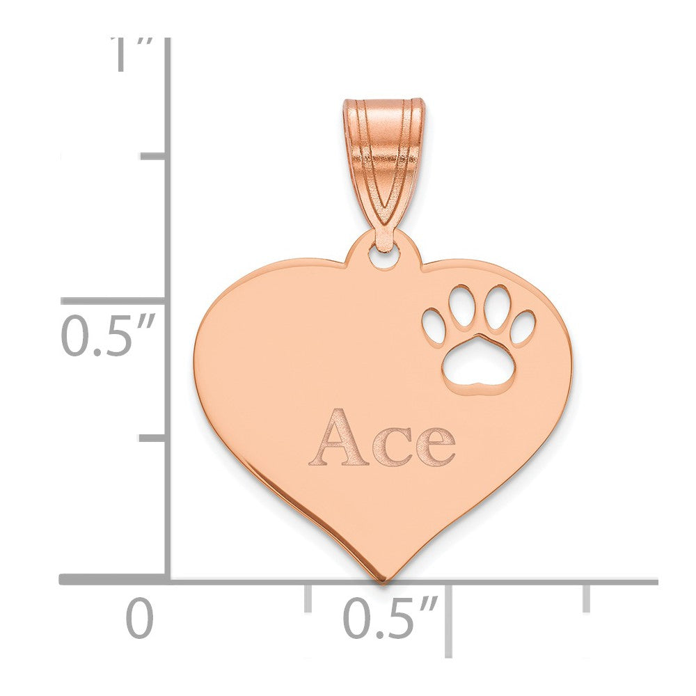 14K Rose Gold Heart With Name And Paw Print Cut Out Pendant