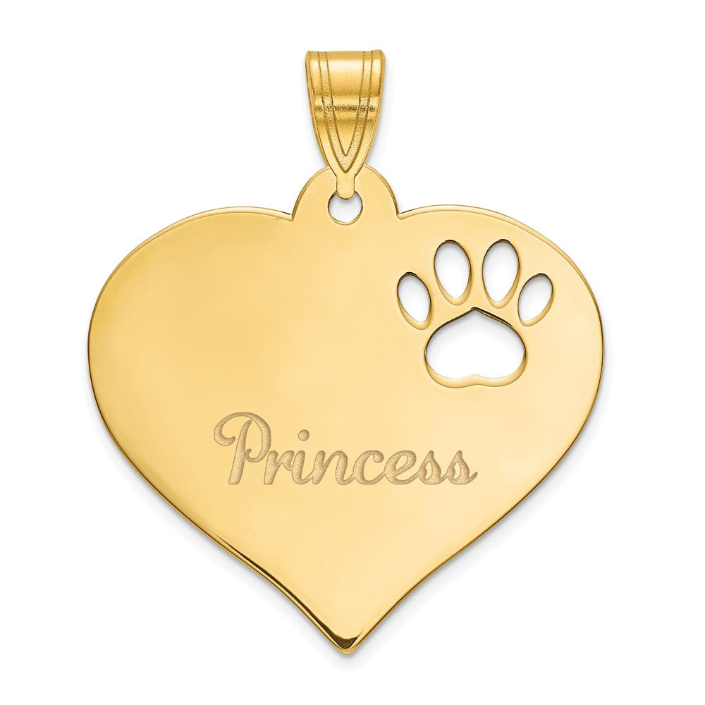 14K Yellow Gold Heart With Name And Paw Print Cut Out Pendant