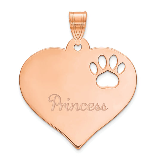 Rose Plated Heart With Name And Paw Print Cut Out Pendant