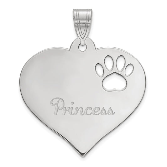14K White Gold Heart With Name And Paw Print Cut Out Pendant