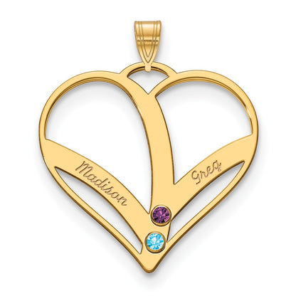 14K Yellow Gold 14Ky 2 Name Birthstones Bezel Cut Out Heart Pendant