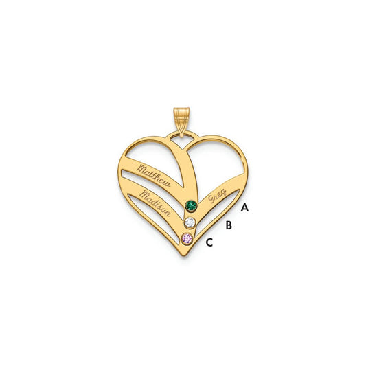 14K Yellow Gold 14Ky 3 Name Birthstones Bezel Cut Out Heart Pendant