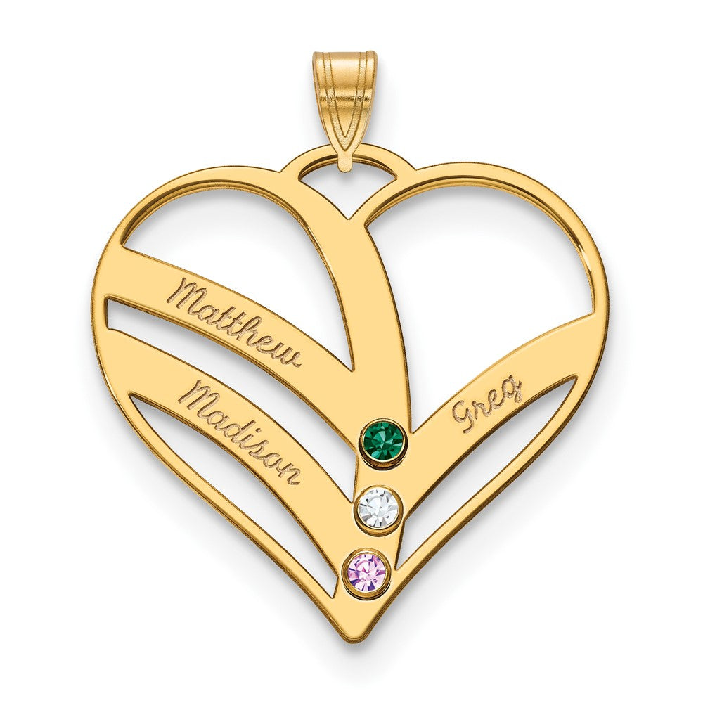 14K Yellow Gold 14Ky 3 Name Birthstones Bezel Cut Out Heart Pendant