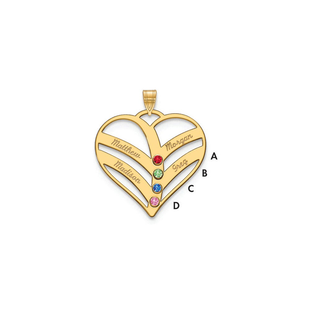 14K Yellow Gold 14Ky 4 Name Birthstones Bezel Cut Out Heart Pendant