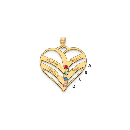 14K Yellow Gold 14Ky 4 Name Birthstones Bezel Cut Out Heart Pendant