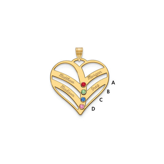 14K Yellow Gold 14Ky 4 Name Birthstones Bezel Cut Out Heart Pendant