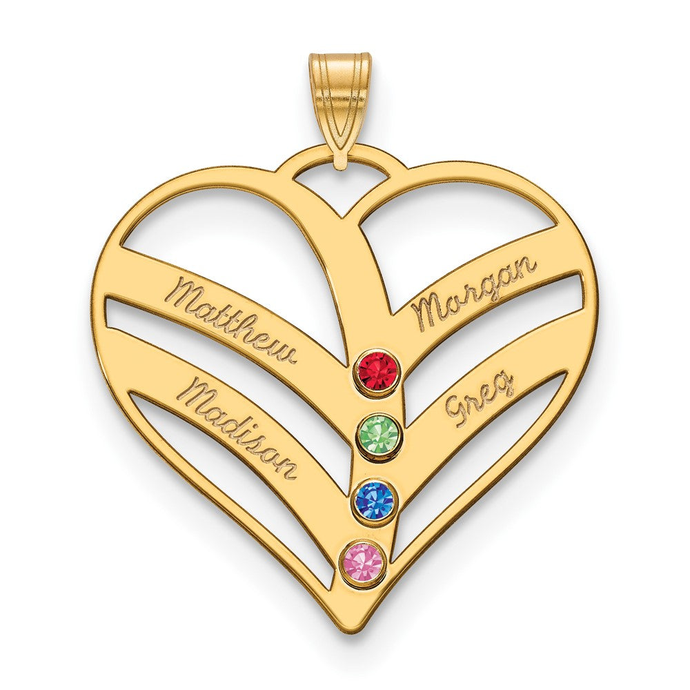 14K Yellow Gold 14Ky 4 Name Birthstones Bezel Cut Out Heart Pendant