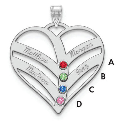 14K White Gold 14Kw 4 Name Birthstones 18K Rhod Plated Bezel Cut Out Heart Pendant