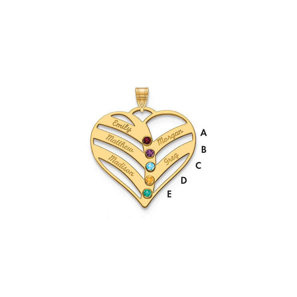 14K Yellow Gold 14Ky 5 Name Birthstones Bezel Cut Out Heart Pendant